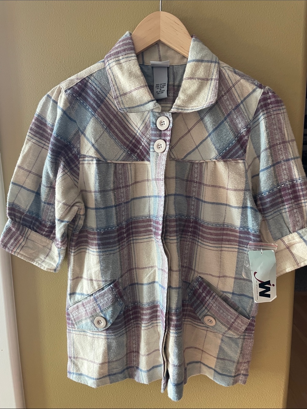 NWT JW Plaid Button-Front Shirt in Cream, Blue & Purple